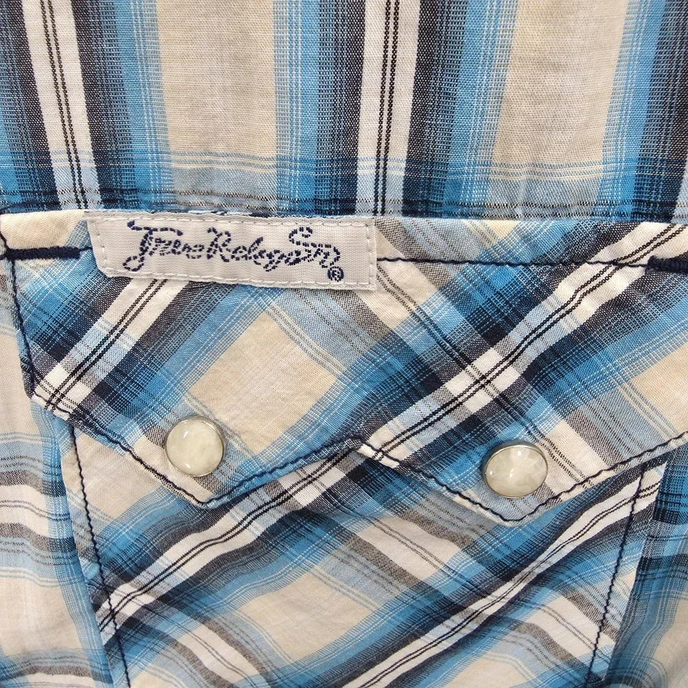 True Religion Western Shirt Mens XL Blue Plaid Pearl Snap Cowboy Rodeo Sawtooth*